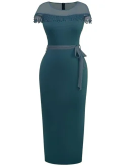 Fashion Retro Stage 1960s Sheer Fringe Belted Bodycon Dress