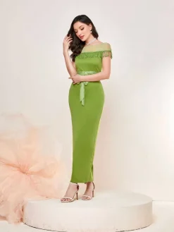 Fashion Retro Stage 1960s Sheer Fringe Belted Bodycon Dress