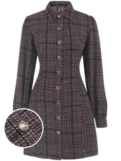 Hot Retro Stage 1960s Shirt Collar Lantern Sleeve Plaids Dress Multicolor