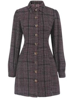 Hot Retro Stage 1960s Shirt Collar Lantern Sleeve Plaids Dress Multicolor