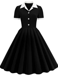 Outlet Retro Stage 1950s Shirt Collar White Buttons Swing Dress