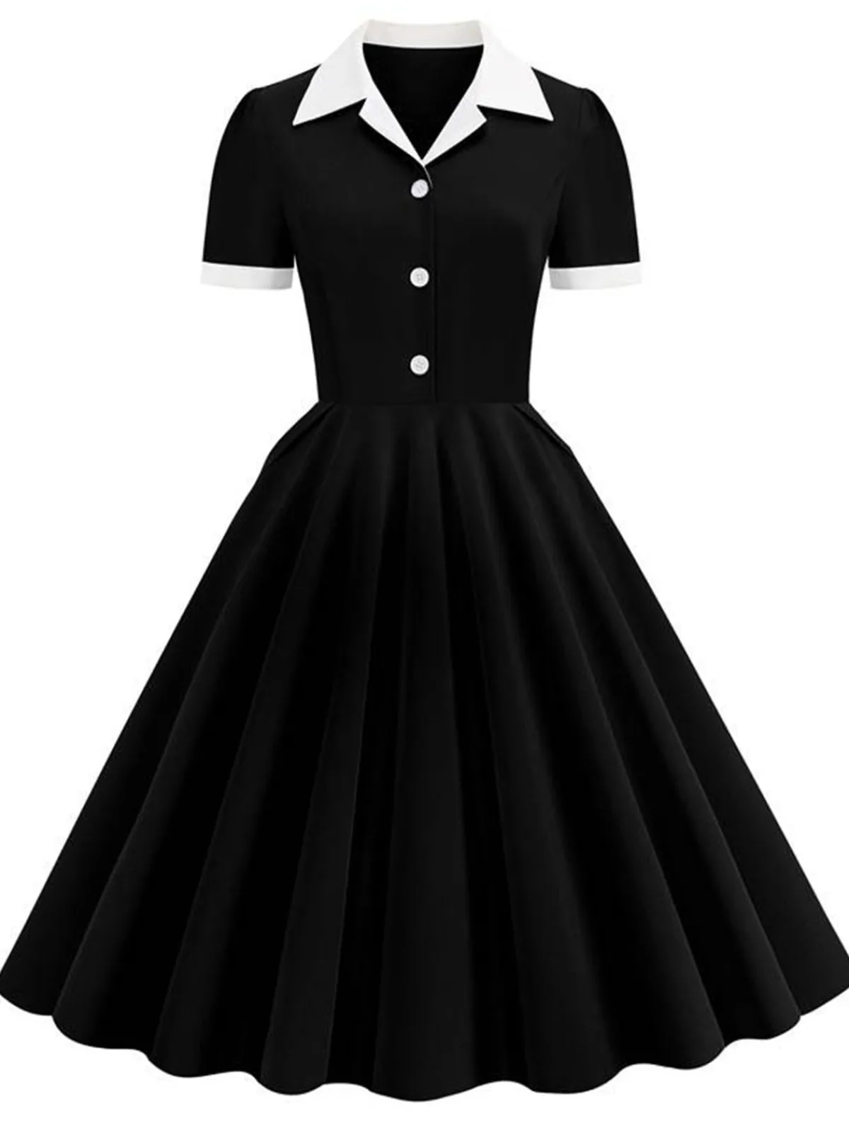 Outlet Retro Stage 1950s Shirt Collar White Buttons Swing Dress