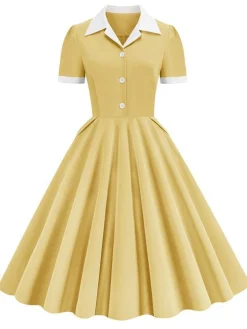 Outlet Retro Stage 1950s Shirt Collar White Buttons Swing Dress