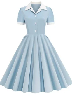 Outlet Retro Stage 1950s Shirt Collar White Buttons Swing Dress