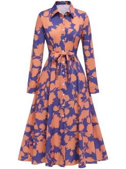 Discount Retro Stage 1940s Shirt Neck Floral Belted Dress Purple