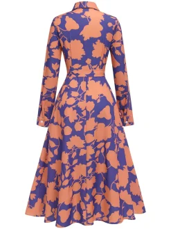Discount Retro Stage 1940s Shirt Neck Floral Belted Dress Purple