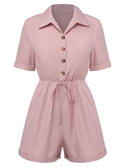Sale Retro Stage 1950s Shirt Neck Lace-Up Solid Romper