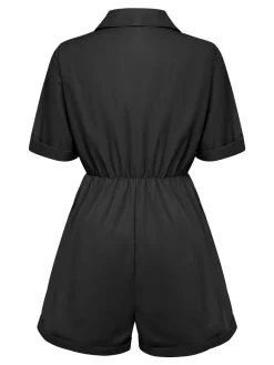 Sale Retro Stage 1950s Shirt Neck Lace-Up Solid Romper