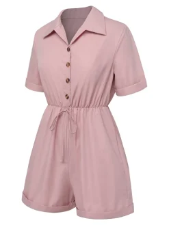 Sale Retro Stage 1950s Shirt Neck Lace-Up Solid Romper