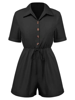 Sale Retro Stage 1950s Shirt Neck Lace-Up Solid Romper