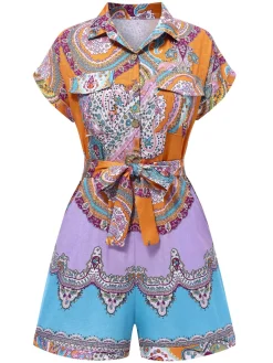 Hot Retro Stage 1970s Shirt Neck Paisley Print Belted Romper Multicolor