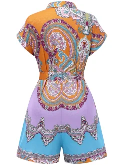 Hot Retro Stage 1970s Shirt Neck Paisley Print Belted Romper Multicolor
