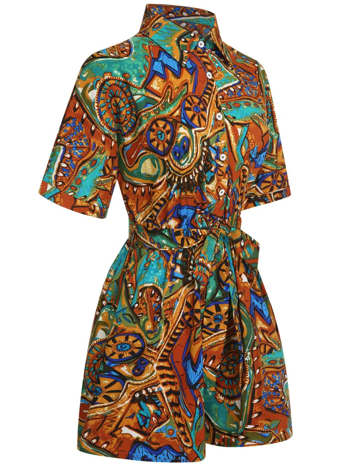 Sale Retro Stage 1950s Shirt Neck Print Belted Romper