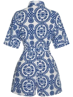 Sale Retro Stage 1950s Shirt Neck Print Belted Romper