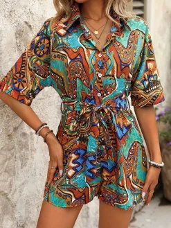 Sale Retro Stage 1950s Shirt Neck Print Belted Romper