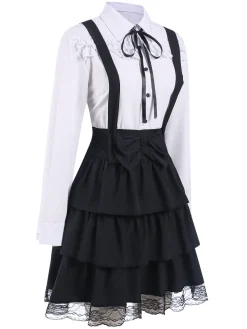 Best Retro Stage 1950S Shirt Neck Suspender Patchwork Layered Dress Black