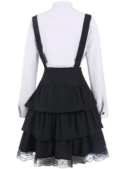Best Retro Stage 1950S Shirt Neck Suspender Patchwork Layered Dress Black