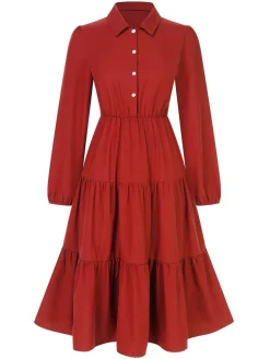 Clearance Retro Stage 1950s Shirt Neck Tiered Solid Midi Dress
