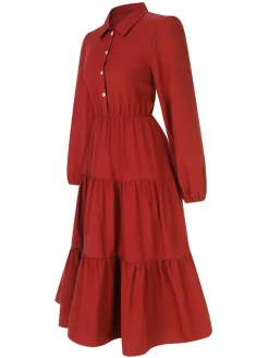 Clearance Retro Stage 1950s Shirt Neck Tiered Solid Midi Dress