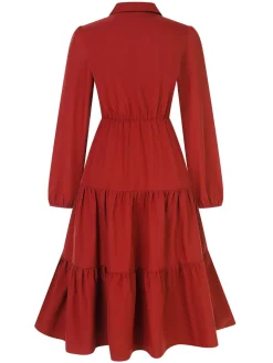 Clearance Retro Stage 1950s Shirt Neck Tiered Solid Midi Dress