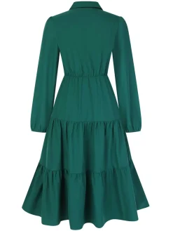 Clearance Retro Stage 1950s Shirt Neck Tiered Solid Midi Dress