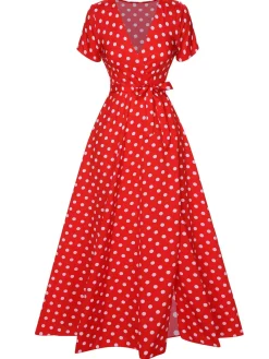 Outlet Retro Stage 1930s Side Slit Deep V-Neck Polka Dots Dress