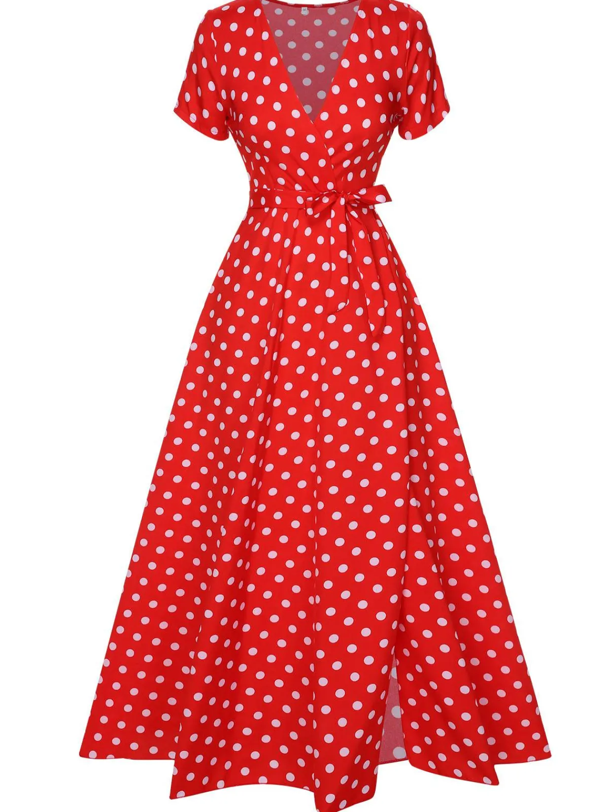 Outlet Retro Stage 1930s Side Slit Deep V-Neck Polka Dots Dress