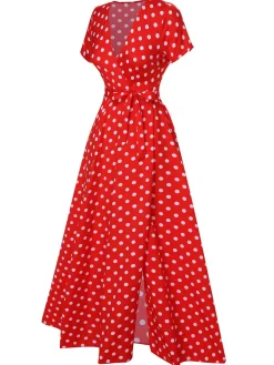 Outlet Retro Stage 1930s Side Slit Deep V-Neck Polka Dots Dress