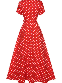 Outlet Retro Stage 1930s Side Slit Deep V-Neck Polka Dots Dress
