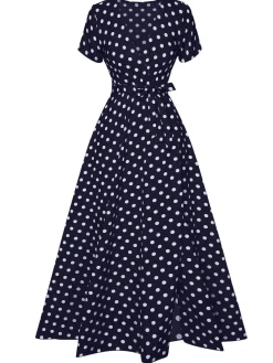 Outlet Retro Stage 1930s Side Slit Deep V-Neck Polka Dots Dress