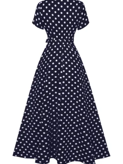 Outlet Retro Stage 1930s Side Slit Deep V-Neck Polka Dots Dress