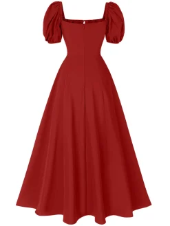 Hot Retro Stage 1940s Side Slit Puff Sleeve Square Neck Dress