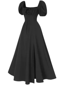 Hot Retro Stage 1940s Side Slit Puff Sleeve Square Neck Dress