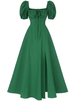 Hot Retro Stage 1940s Side Slit Puff Sleeve Square Neck Dress