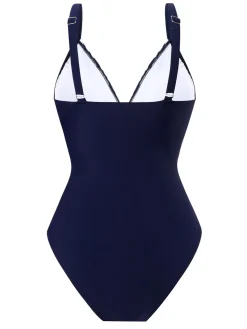 New Retro Stage 1960s Side-Laced V-Neck One-Piece Swimsuit