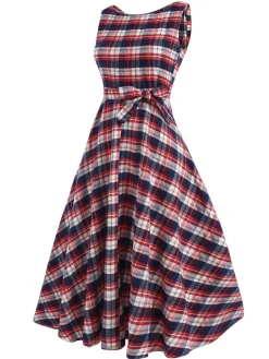 Best Retro Stage 1950s Sleeveless Plaid Belted Swing Dress