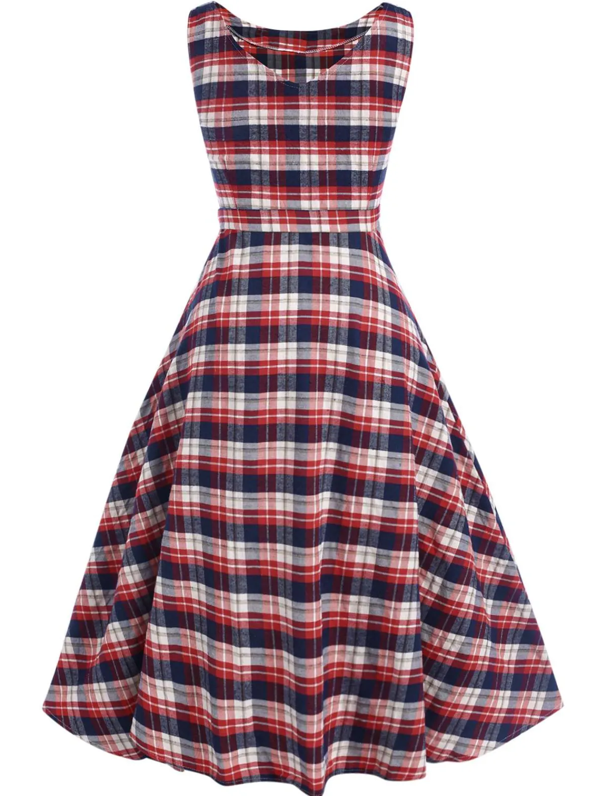 Best Retro Stage 1950s Sleeveless Plaid Belted Swing Dress