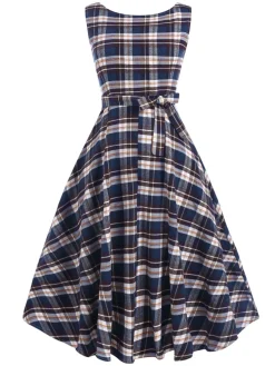 Best Retro Stage 1950s Sleeveless Plaid Belted Swing Dress