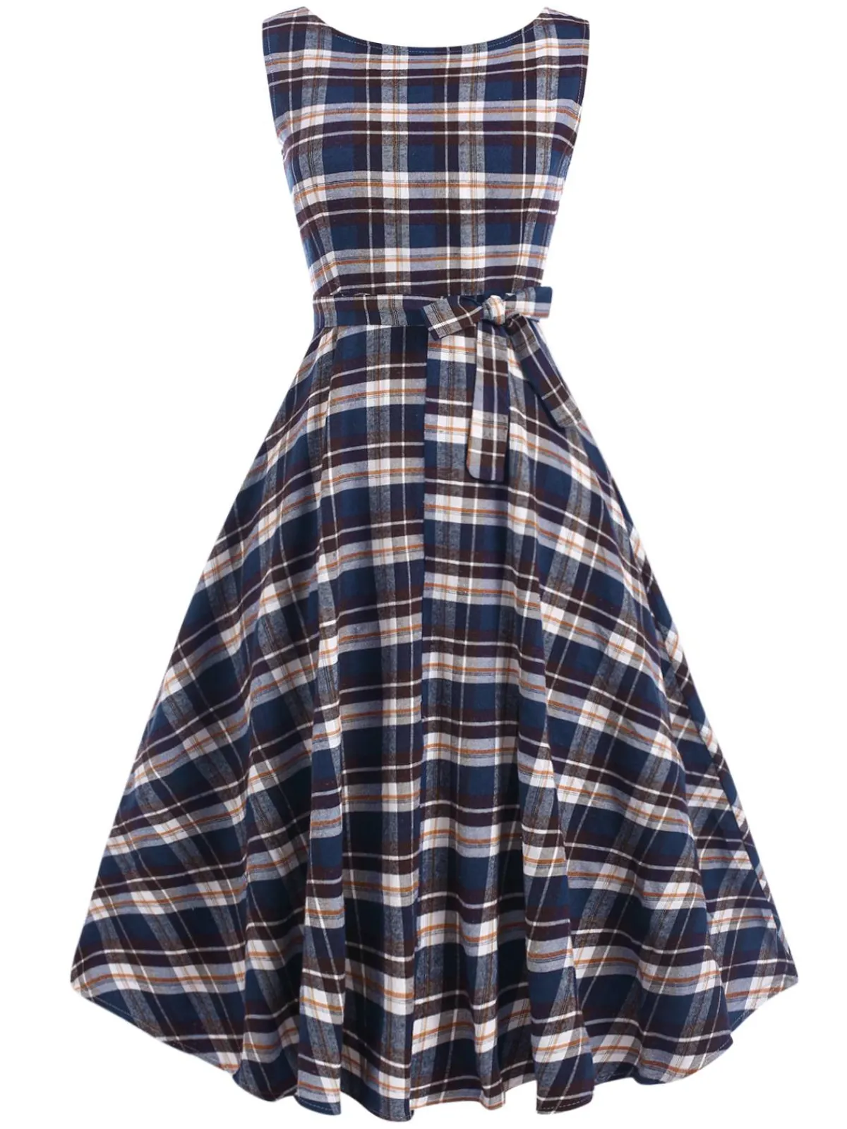 Best Retro Stage 1950s Sleeveless Plaid Belted Swing Dress