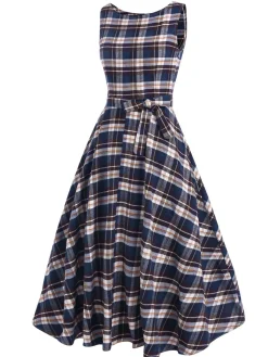 Best Retro Stage 1950s Sleeveless Plaid Belted Swing Dress