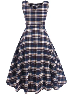 Best Retro Stage 1950s Sleeveless Plaid Belted Swing Dress