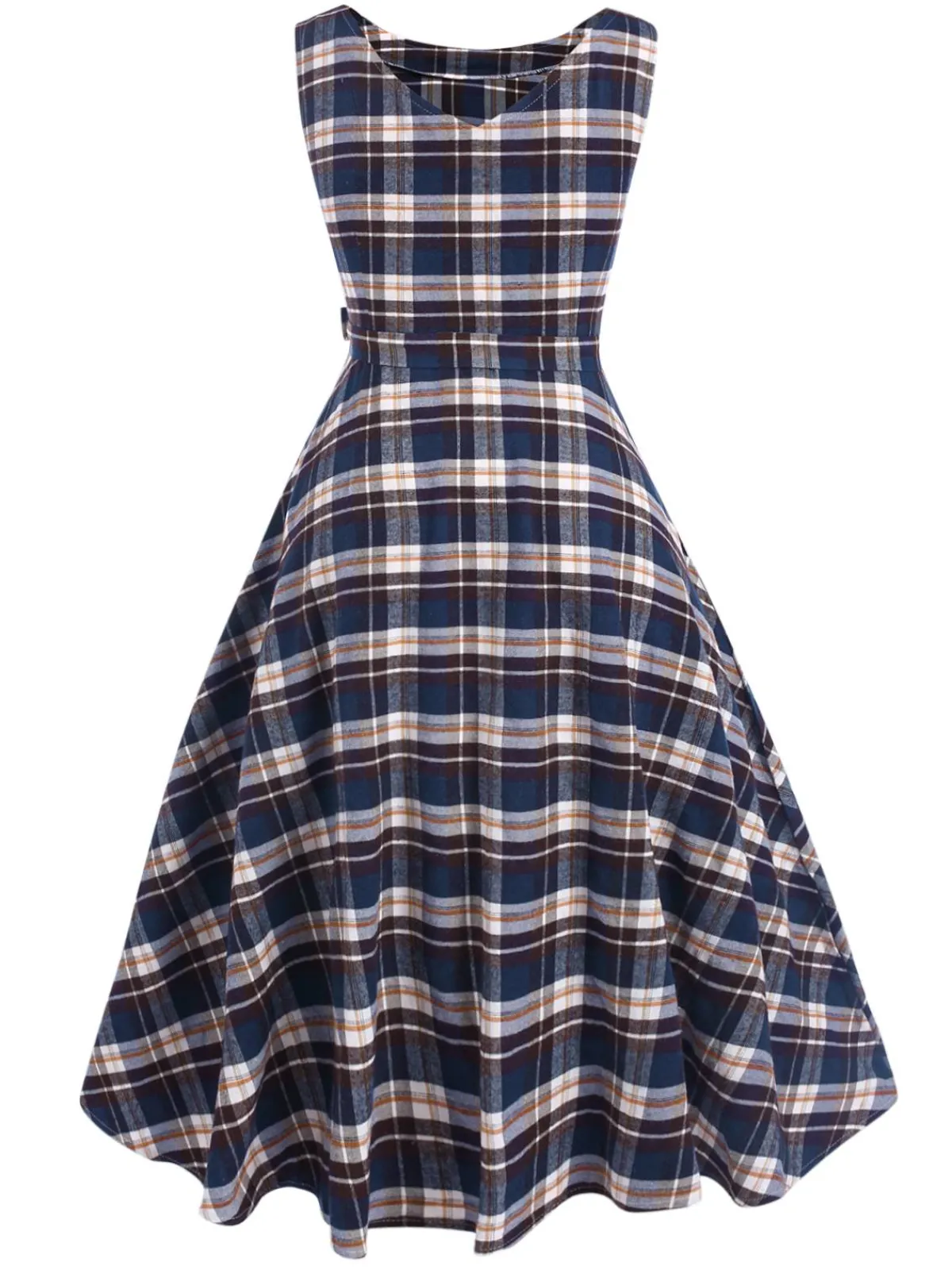 Best Retro Stage 1950s Sleeveless Plaid Belted Swing Dress