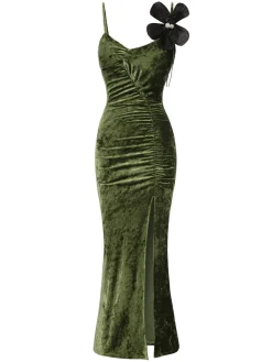 New Retro Stage 1930s Slit Spaghetti Straps Velvet Dress