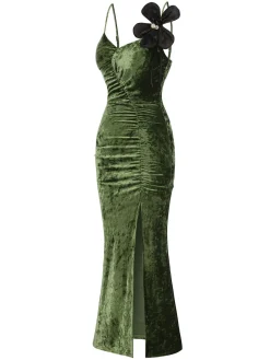 New Retro Stage 1930s Slit Spaghetti Straps Velvet Dress