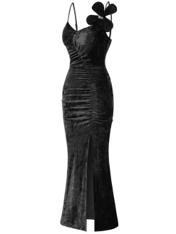 New Retro Stage 1930s Slit Spaghetti Straps Velvet Dress