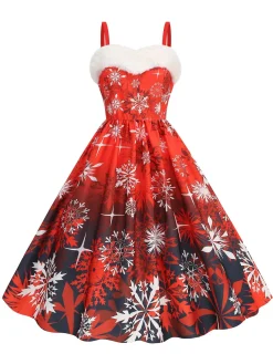 Discount Retro Stage 1950s Snowflake Fur Collar Christmas Dress