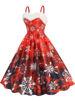 Discount Retro Stage 1950s Snowflake Fur Collar Christmas Dress