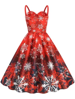Discount Retro Stage 1950s Snowflake Fur Collar Christmas Dress