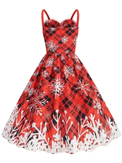 Discount Retro Stage 1950s Snowflake Fur Collar Christmas Dress