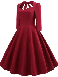 New Retro Stage 1950s Solid 3/4 Sleeve Dress